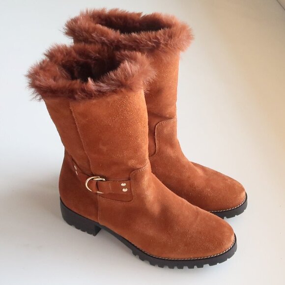 Talbots Tan / Light Brown Suede Leather & Fur Tall Half Calf Winter Boots Sz 7.5 - Picture 16 of 16